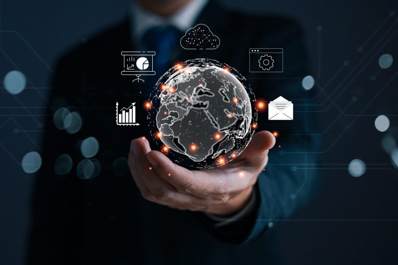 Hologram world and networked connections in the hands of businessmen.Big data analytics and business intelligence concept. Digital link tech.information technology exchange and innovation transform.